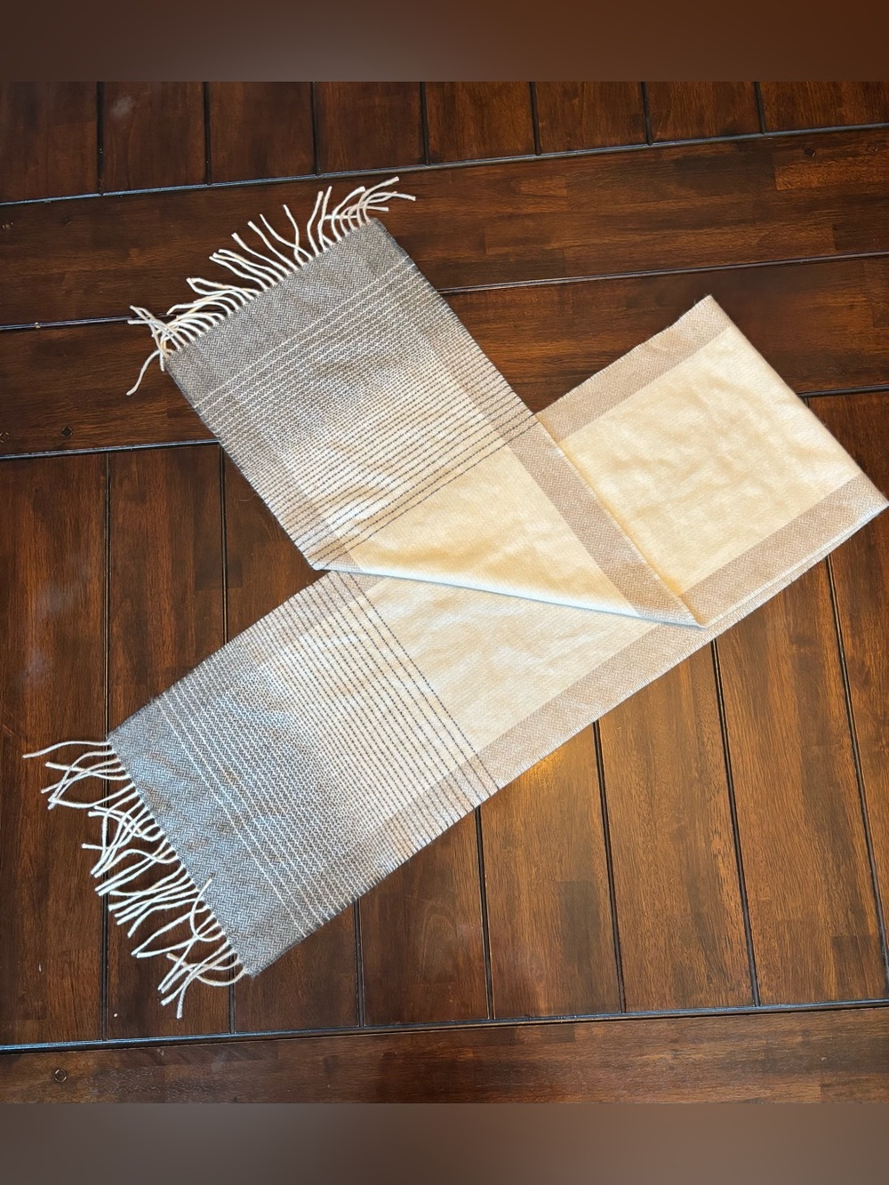 Fraas “Cashmink” Scarf Two-Tone Beige and Gray Woven Fringe Soft Cozy Quality